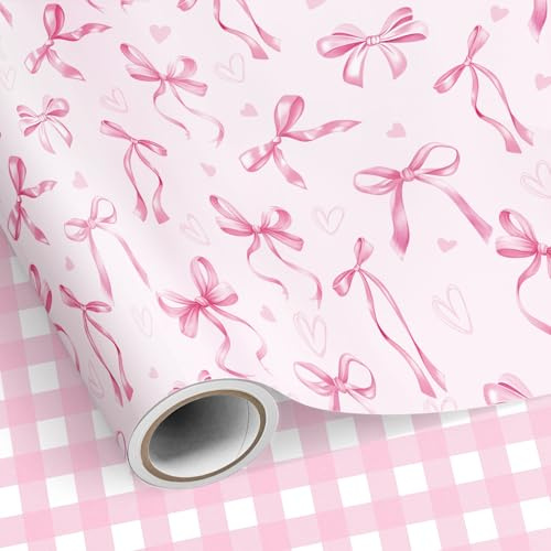 Neloheac Rotolo Carta da Regalo Fiocchi e Cuori Rosa Reversible Quadri, 43 cm x 10 m, Ideale per Compleanni di Ragazze Donne, Festa della Mamma, San Valentino, Bridal Shower, Matrimoni