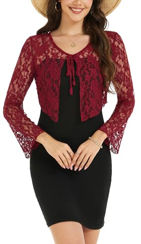 Boléro Femme Dentelle Gilet Veste Transparentes Cardigan Court Manches Longues pour Robe Mariage T Shirt Bretelle Chic Elégante Soirée Fête Décontracté Bordeaux L