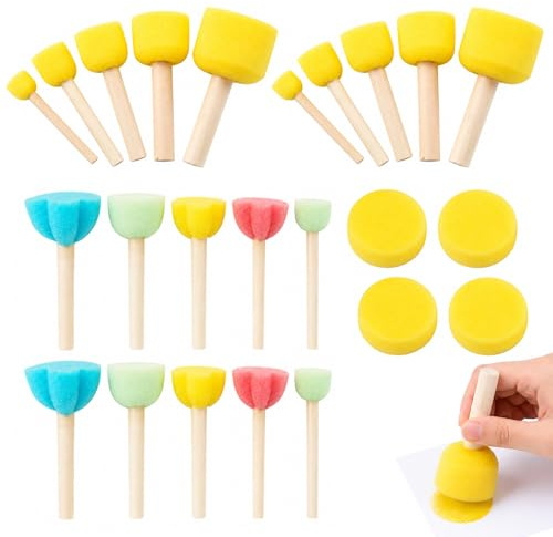 ZMaglorian Set 24 Pinceles Esponja Forma Hongo Colores Vivos Mango Madera 4 Esponjas Circulares Ligero Reutilizable Ideal Para Dibujo Pintura Manualidades Creativas Actividades Artísticas