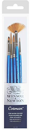 Winsor & Newton, Cotman Watercolour Synthetic Brushes, Short Handle, Pack of 5 (1 and 5 Round, 1 Rigger ,2 Fan, 3mm Angled)