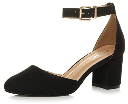 Ajvani Womens Ladies Low mid Block Heel Ankle Strap Court Shoes Sandals Size, 6 UK, Black Suede