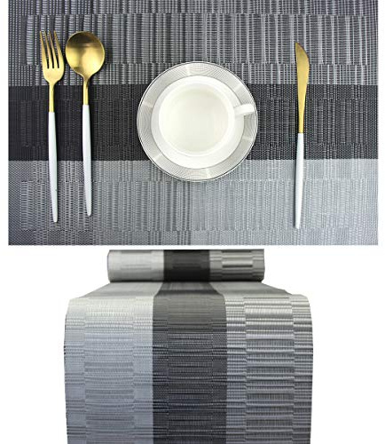 PIGCHCY Elegantes manteles Individuales con Camino de Mesa a Juego, Lavables y duraderos de Vinilo Tejido (6 manteles Individuales + 1 Camino de Mesa, Negro)