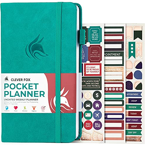 Clever Fox Pocket Planner, Mini Undated Weekly Calendar, Small Turquoise