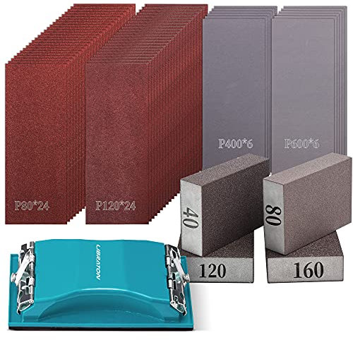 Schleifpapier, Schleifpapier holz, Schleifpapier Set K80 bis K600, Handschleifer, Sandpapier Set 65 Stück, für Automobil Schleifen, Holzmöbellackierung, Veredelung