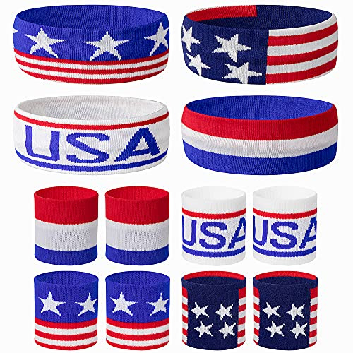 SHANGXING American Flag Sports Headband & Wristband Set - 4 Styles Striped Sweatbands for Basketball, Football, Running, Gym & Exercise - 1 Headband, 2 Wristbands