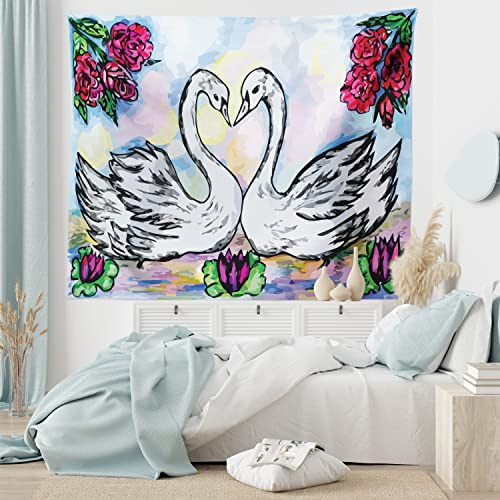 Ambesonne Swan Tapestry, Grunge Style Sketch Image of Lover White Swan Partners in Pond Lily Flowers Red Roses, Fabric Wall Hanging Decor for Bedroom Living Room Dorm, 28 X 23, Soft Blue Red
