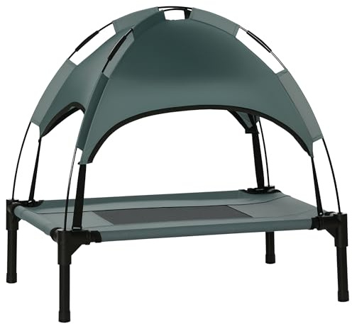 PawHut 61cm Elevated Dog Bed Cooling Raised Pet Cot UV Protection Canopy Grey