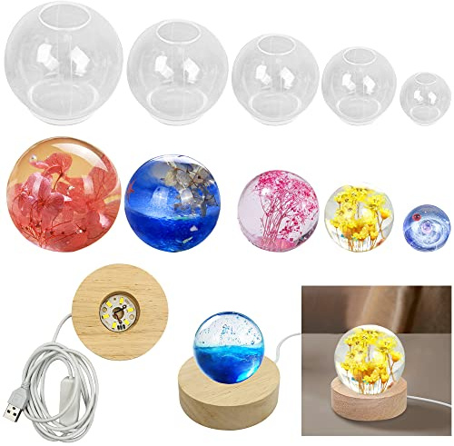 AFUNTA Lot de 5 moules ronds en silicone transparent en résine époxy avec support lumineux alimenté par USB pour la fabrication de bijoux, la décoration de la maison