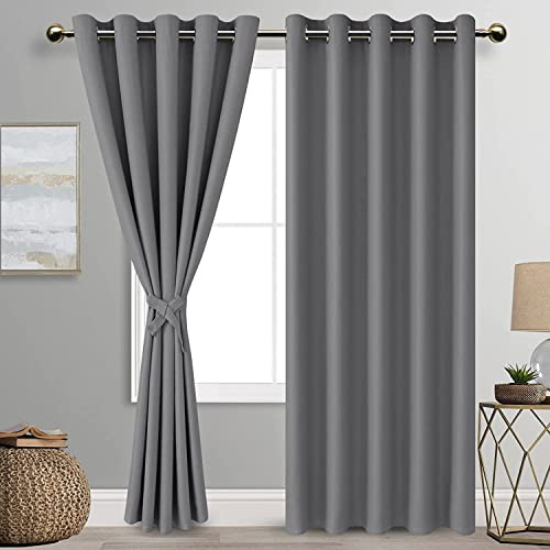 DWCN Grey Blackout Curtains with Tiebacks for Bedroom Thermal Insulated Solid Eyelet Curtains for Living Room,2 Panels,66 Wide x 90 Drop