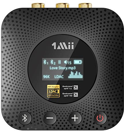 1Mii B06HD+ Ricevitore Bluetooth HiFi, Adattatore Audio Bluetooth 5.1 con DAC Audiophile, LDAC, aptX HD/Bassa Latenza, Controllo Volume, Display OLED per Stereo/Amplificatore, Uscita RCA/OPT/COAX