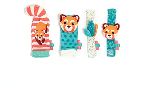 Ludi - Sonajeros para pies y manos, juguetes para despertar al bebé, desde el nacimiento, desarrolla la motricidad fina y la destreza, 2 calcetines + 2 pulseras ajustables con cabeza de animales de