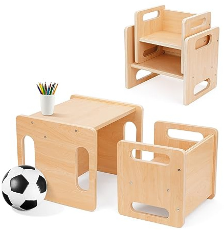 OOOK Montessori Weaning Table and Chair Set, Kids Activity Table and Chair Set with Fence for Read, Play Toys, Snack Time, Step Stool, 1-3 Year Old Kids Montessori Furniture