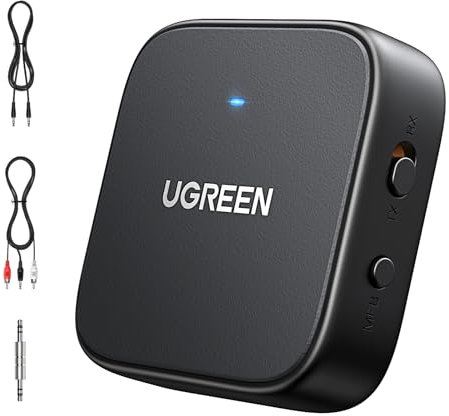 UGREEN Transmisor Receptor 2 en 1 Bluetooth 5.2 Adaptador AUX Jack 3.5mm y RCA Audio inalámbrico con Micrófono Incorporado para TV Coche PC Altavoz Amplificador Auriculares