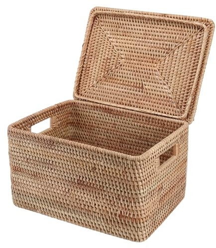 FIYAMMY Cesta de ratán con tapa, cesta grande con tapa para almacenamiento, caja cuadrada de ratán (15.75 pulgadas de largo x 14.17 pulgadas de ancho x 11.81 pulgadas de alto)