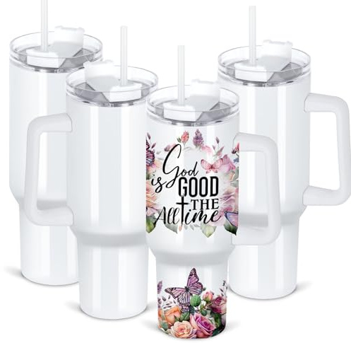 Maucircol 40 Oz Sublimation Tumbler with Handle 4 Pack, Stainless Steel Sublimation Tumbler Mug Blanks with Handle, White