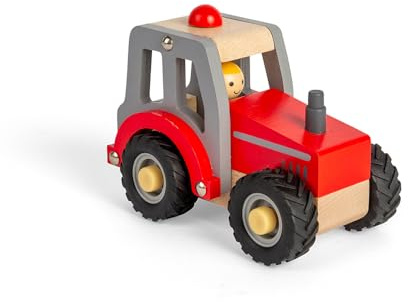 Bigjigs Toys – Mini Red Tractor – trägårdsfordon med tjocka gummihjul och bondefigur, barnleksakstraktorer och lastbilar, presenter till småbarn, 12 år