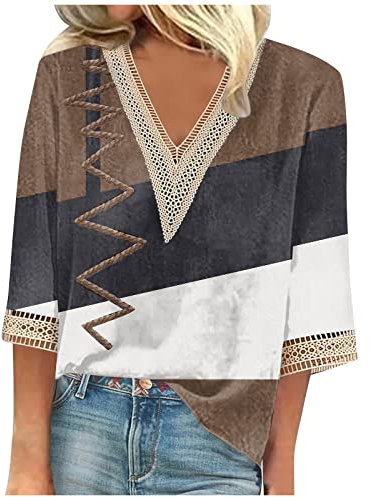 SCBFDI Tshirt Damen V Ausschnitt Damenblusen 3/4 Arm Bluse 3/4 Arm Damen Ausgefallene Oberteile Damen Elegante+Blusen Schicke Festliche Blusen Bunt Shirt T Shirt 3/4 Arm Damen Bunte Braun XL