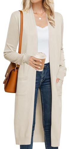 Grace Karin Women's 2026 Trendy Long Cardigans Sweater Lightweight Open Front Long Sleeve Maxi Duster Coats with Pockets, Beige, Small