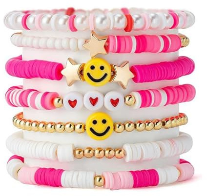 7pcs Friendship Bracelets Set, Colorful Preppy Smile Beaded Stretch Bracelets Stackable Heishi Surfer Clay Pearl Bead Bracelet for Girls Elastic Layering Bracelet Song Album Jewellery Gift Idea, Pink