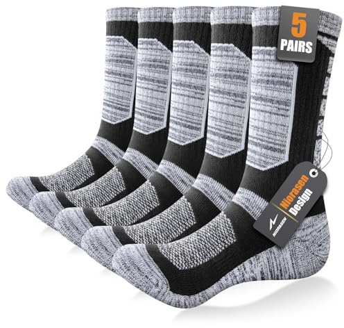 Niorasen Full Cushion Mens Work Socks, Breathable Cotton Hiking Socks for Men, 5 Pairs Thick Padded Mens Crew Walking Socks for Outdoor Sport Running Climbing, Black, 6-8