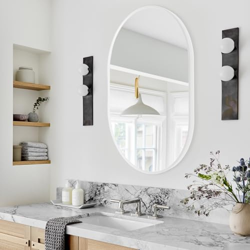 Oval Bathroom Mirror 50 x 70 cm, White Brushed Aluminium Frame Wall Mirror | HD Glass Mirror with Horizontal or Vertical Hanging for Bathroom, Bedroom, Living Room & Hallway