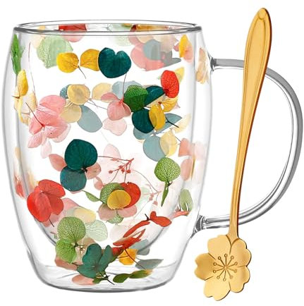 Regali per Donne Tazze da Caffè a Doppio Vetro con Fiori Secchi Tazze da Tè con Manici Isolati Resistenti al Calore Regali di Natale per la Amica Insegnante Mamma Idee Regalo per la Nuova Casa