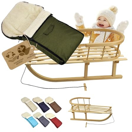 KOMBI-erbjudande träsläde med ryggstöd och dragrep universell vinteråkpåse (90 cm), lämplig för babystol, barnvagn, buggy, ull UNI (olive)