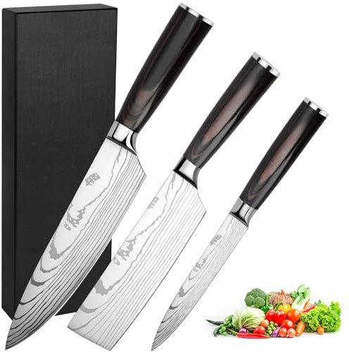 Messerset 3-tlg Küchenmesser Set aus Hochwertigem Carbon Edelstahl, Profi Messer Set mit Chefmesser Hackmesser Allzweckmesser, Präzises Schneiden – Geschenk für Kochbegeisterte – Geschenkverpackung