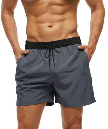 Monstoyo Bañador Hombre Secado Rápido Traje de Baño Hombre Bolsillo Cremallera Bañadores Short de Playa Surf Piscina Natación Impermeable Pantalones Cortos Forro Malla y Cordón M Empalme Gris