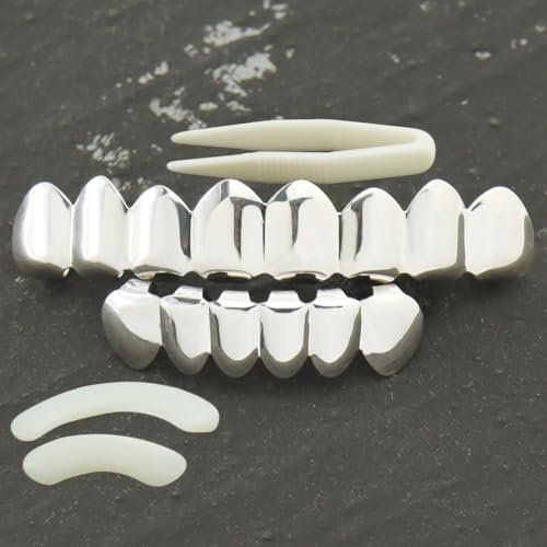 Silverhiphop-tänder, tänder grillar, hiphop-topp och botten, för män och kvinnor, dans, fest, halloween, scen