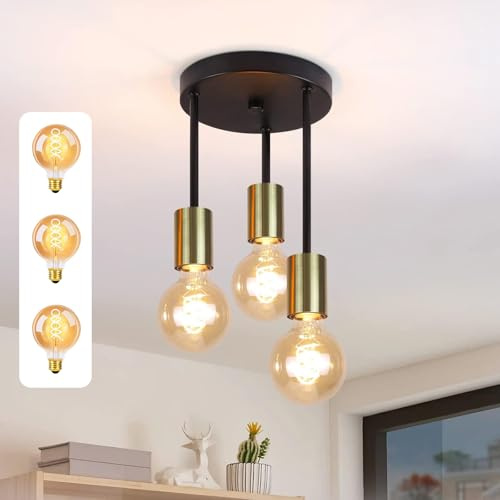 CBJKTX Deckenleuchte Hängend 3 Flammig - Vintage Deckenlampe E27 Schwarz-Gold Industrial Deckenspots mit 3 Lichtquellen für Esszimmer Küche Flur Bar