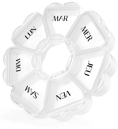 FHORAIN Pilulier Hebdomadaire en Forme de Fleur, 7 Compartiments, mignon, rond, Organisateur huiles de poisson de Médicaments et Vitamines (Blanc transparent)