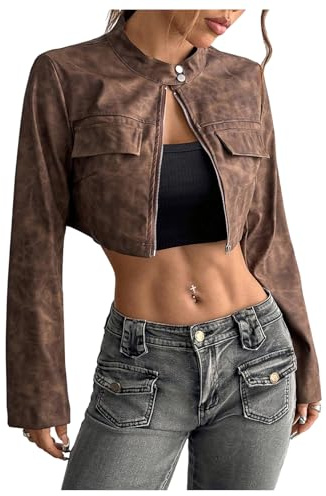 SHENHE Women's Faux Leather Cropped Jacket Vintage Zip Up Stand Collar Y2k Moto Biker Jacket Brown Medium