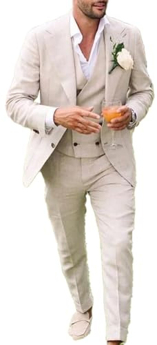 Conjunto de traje de lino para hombre, esmoquin casual, 3 piezas, ajuste regular, chaqueta, chaleco y pantalones para graduación, boda, beige, 46