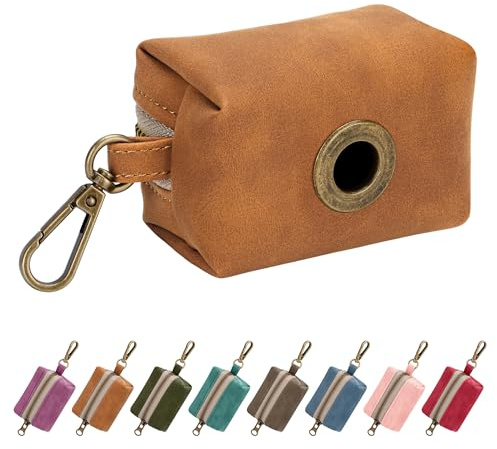 Didog Stylish Dog Poop Bag Holder for Leash, Easy-Pull and Colorful PU Leather Dog Poop Bag Dispenser with Metal Clip, Includes 1 Roll Pet Waste Bag for Daily Walking,Light Brown