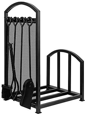 Kraftigt svart inomhus vedställ – smidesjärn trä förvaringsstativ och verktygshållare, 42 x 38 x 70 cm, perfekt för att organisera ved- och eldstadstillbehör
