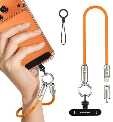 MoKo Cinturino da Polso per Telefono 2-in-1 con Cavo USB-C, Cavo di Ricarica Rapida USB-C a USB-C PD 240W, Laccetto Antifurto con Gancio in Metallo 360° per iPhone 17/16/15, Tablet, Laptop, Arancione