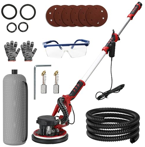 Ponceuse Girafe avec Aspirateur 1390W, Ponceuse Placo 225MM, Éclairage LED, 2800RPM, 6 Vitesses Variables, Girafe Ponceuse pour Mur et Plafond (Rouge)