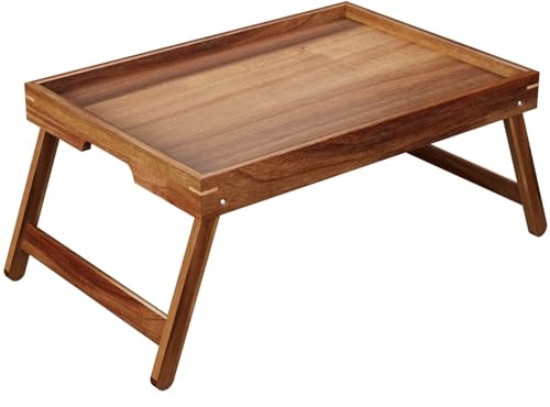 Fibogollo Acacia Wood Bed Tray Table with Folding Legs,Breakfast Trays with Built-in Handles,Serving Tray for Food and Snack,Laptop Trays for Working