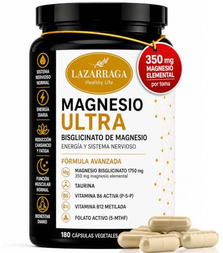 Magnesio ULTRA Bisglicinato 350 mg Elemental | Taurina + Vitamina B6 Activa P-5-P + B12 Metilada + Folato Activo 5-MTHF | Energía, Cansancio, Estrés y Sistema Nervioso | 180 Cápsulas | LAZARRAGA