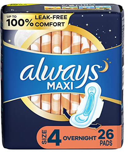Always Maxi Feminine Pads For Women, Size 4 Overnight Absorbency, With Wings, Unscented, 26 Count