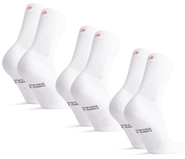 DANISH ENDURANCE Tennis Crew Socks, Cotton Sports Socks, Cushioned for the Gym, for Men & Women, 3 or 6 Pack, White, 3-5