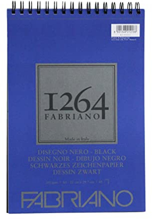 Honsell 19100651 - Blocco da disegno Fabriano Disegno Nero con rilegatura a spirale 1264, 200 g/mq, DIN A4, 40 fogli di carta nera satinata a grana media, senza acidi, per tutte le tecniche a secco