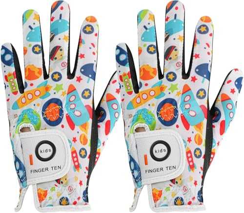 FINGER TEN Golf Gloves Kids Youth All Weather Soft for Left Right Hand Rain Grip Breathable Value 2 Pack, Golf Gloves for Girls Boys Wear-Resistant Non Slip Black Green White
