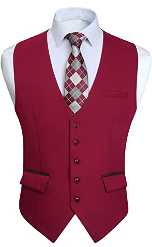 HISDERN Men's Red Waistcoats Formal Wedding Waistcoat Classic Business Groomsmen Party Suit Vest with Fashion Pockets 4XL