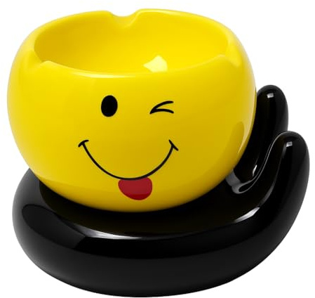 Emoji Ceramic Ashtray for Home or Office – Fun Novelty Ash Tray with Hand Base – Heat Resistant Glazed Ceramic – Assorted Designs – Compact 10×8 cm Smoking Tray