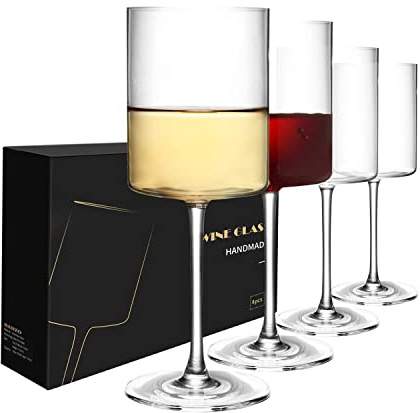 SANZO Square Wine Glasses Set 4, Wine Glasses 15oz, Elegant Design White Wine Glasses, Red Wine Glasses Set for Home Bar Party (4pcs)