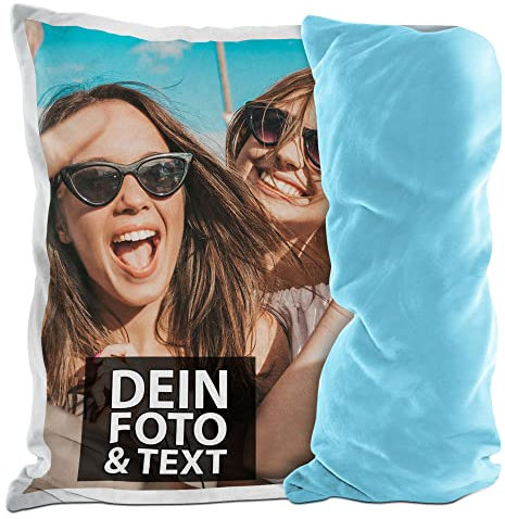 PR Print Royal Flauschigen Fotokissenbezug selbst gestalten - Kissenbezug personalisierbar mit Foto und Wunschtext, Geschenk zum Geburtstag | 40 x 40 cm - flauschig - Rückseite Hellblau