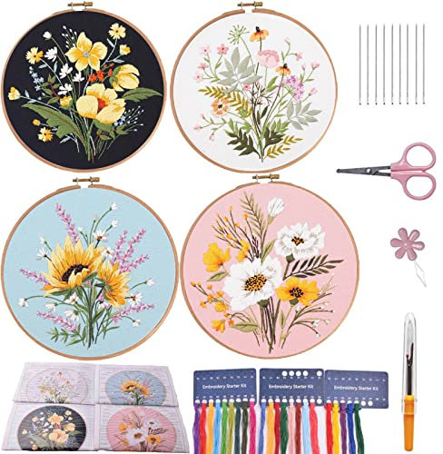 Stickerei-Kit für Anfänger Erwachsene, 4-Sätze Blume gestempelt vorgedruckte Kreuzstich-Kits, volle Palette von Stickerei Starter Kit mit Anleitung, Bambus Stickerei Reifen, Farbfäden und Werkzeuge