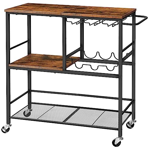 HOOBRO Scaffale da Cucina con Rotelle, Carrello da Cucina con Portabottiglie e Porta Bicchiere, Carrello da Servizio con a 3 Ripiani per Soggiorno, Cucina, Sala da Pranzo, Marrone Vintage EBF21TC01G1